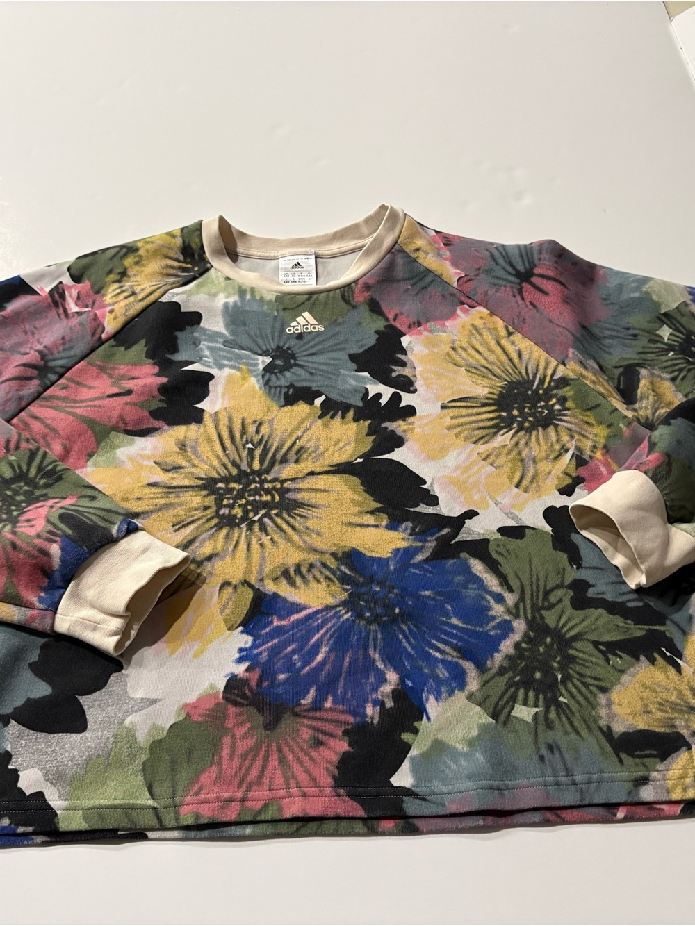 adidas Floral Crewneck Sweatshirt in Yellow, Blue, Pink, Green, Cream, size XL